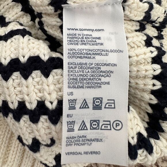 Tommy Hilfiger Cropped Sweater Cream Cable Knit Blue Striped Nautical Size M - Picture 7 of 10